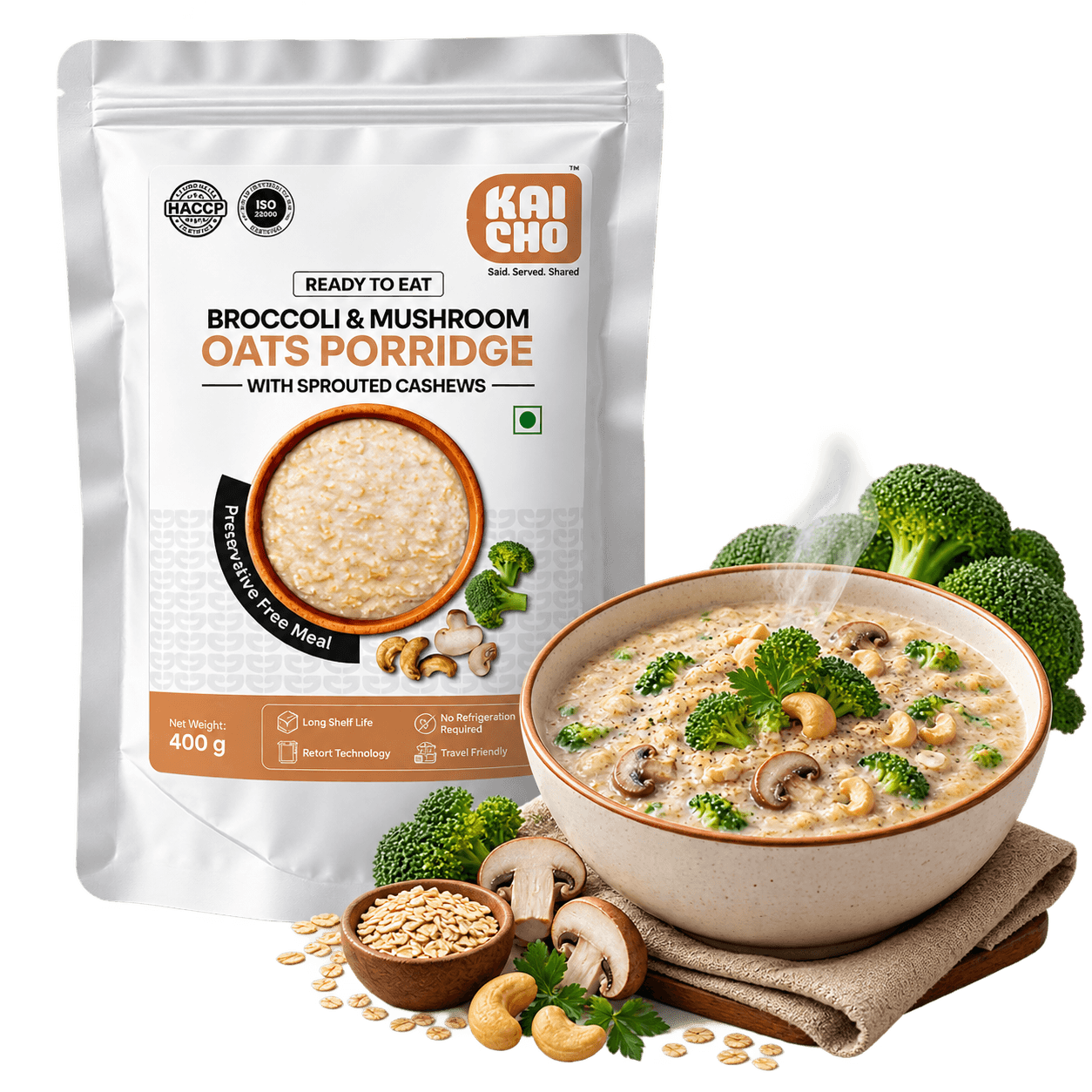 Kaicho Veg Oats Porridge pouch beside a served bowl of porridge garnished with coriander, next to a wooden spoon