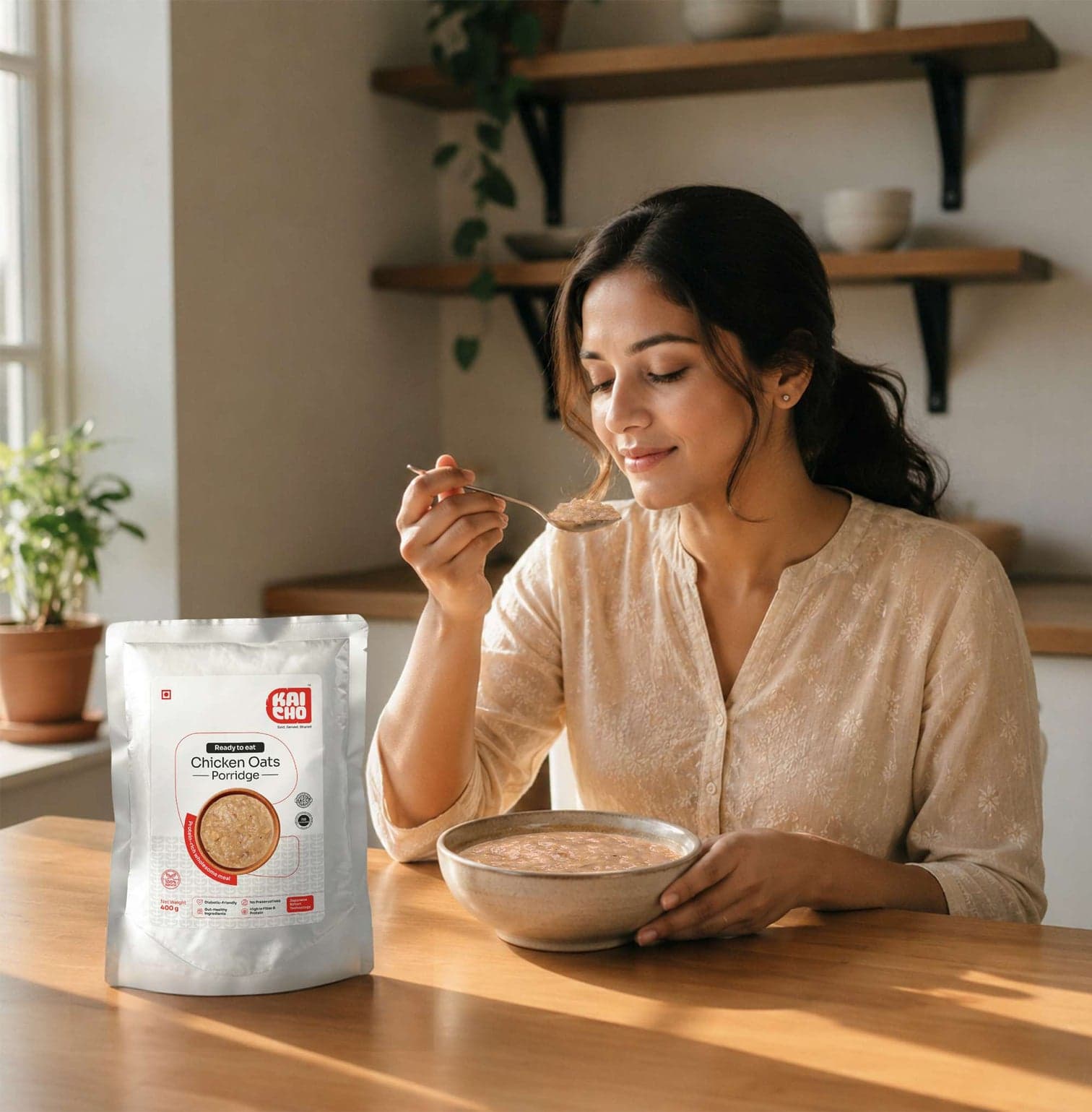 Kaicho customer enjoying a warm bowl of porridge at home